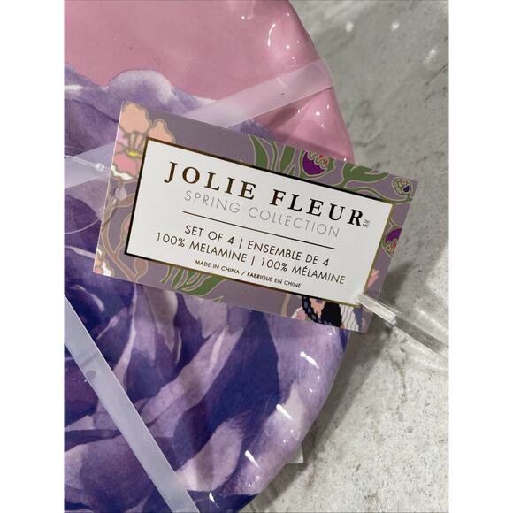 Set 4 Jolie Fleur Roses 9” Plates Melamine Pink Purple Valentine's Shabby Chic - Picture 5 of 8